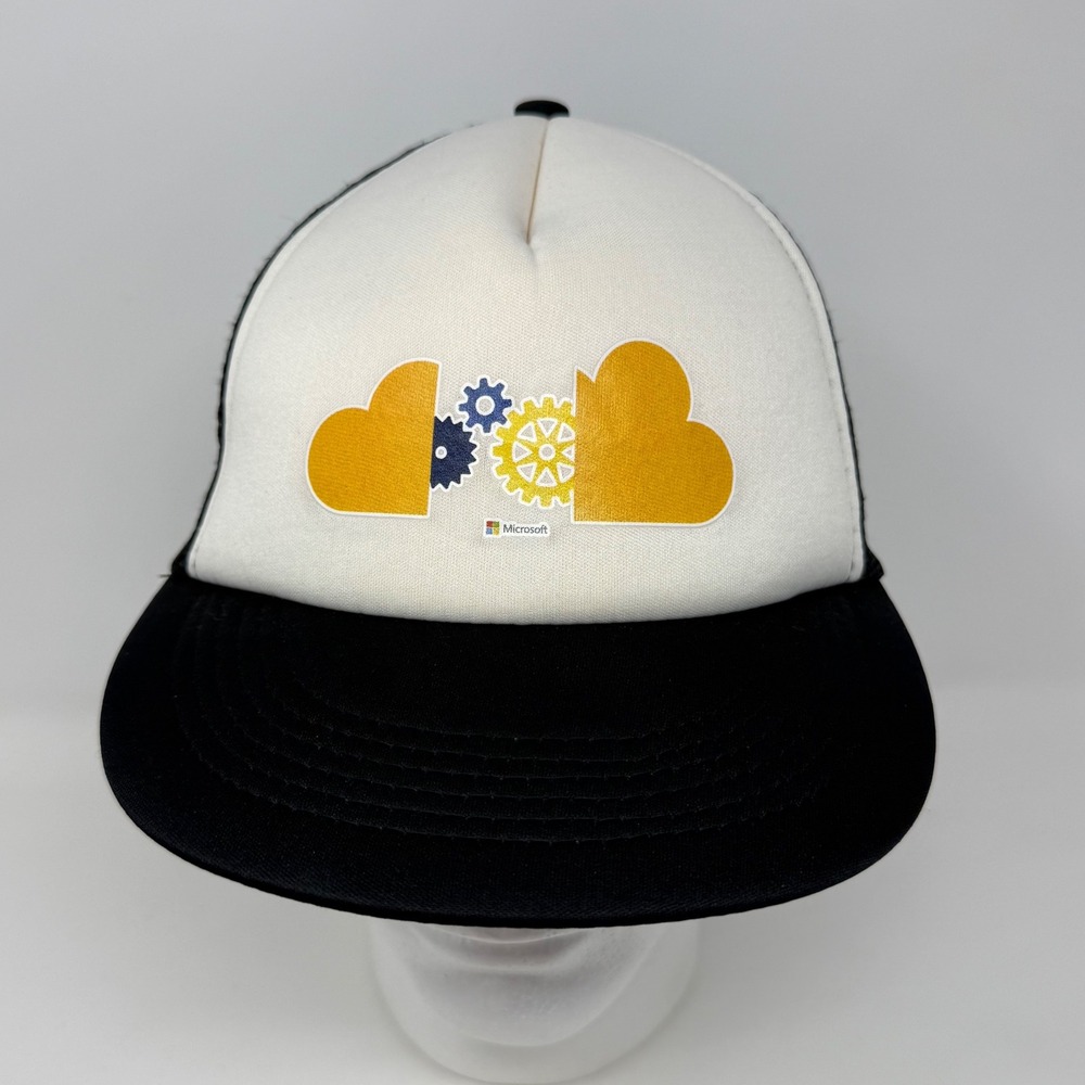 Microsoft Cloud Gears Logo Trucker Hat White Black Mesh Snapback Tech Swag Cap